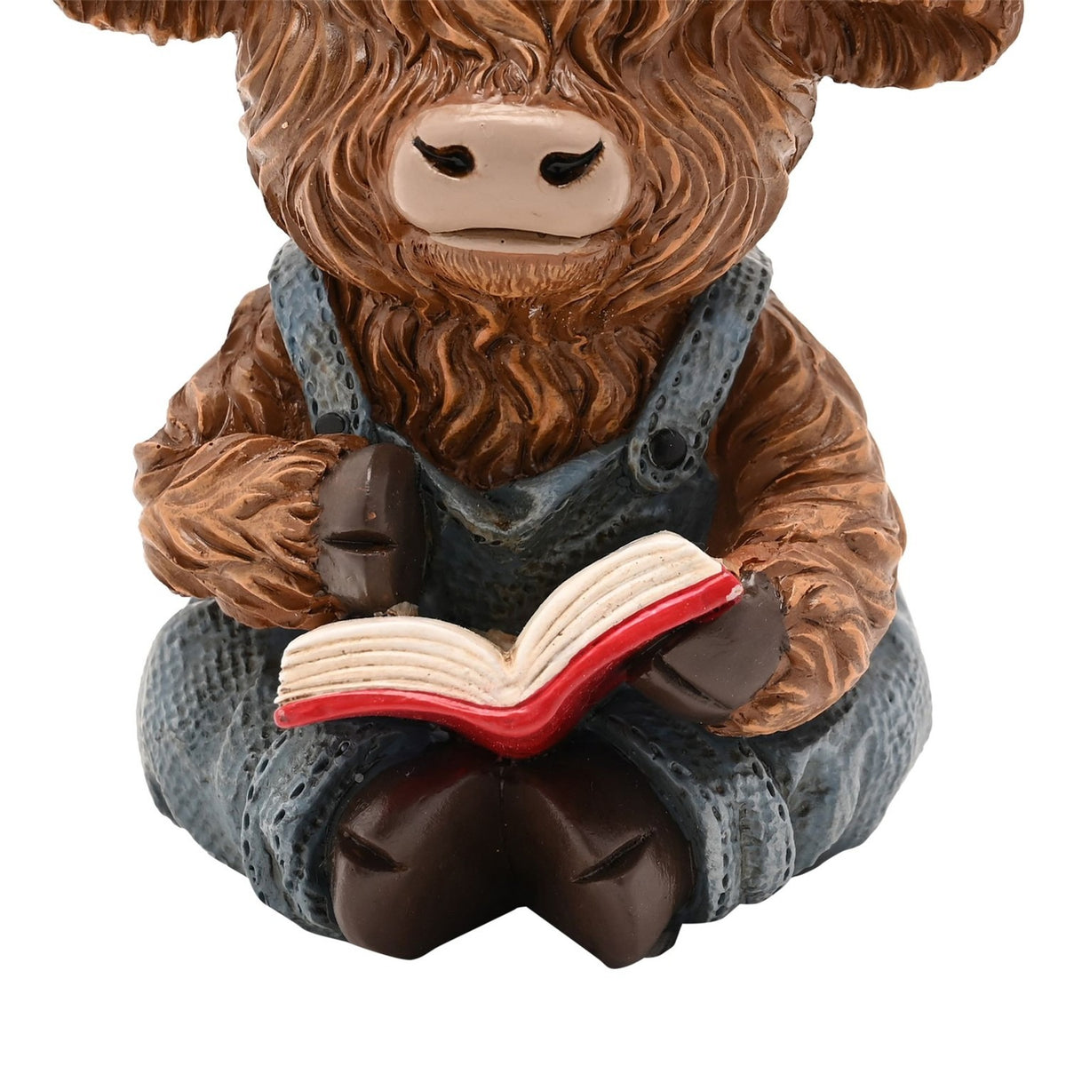 Sitting Highland Cow Reading Resin Figurine - Brown & Blue