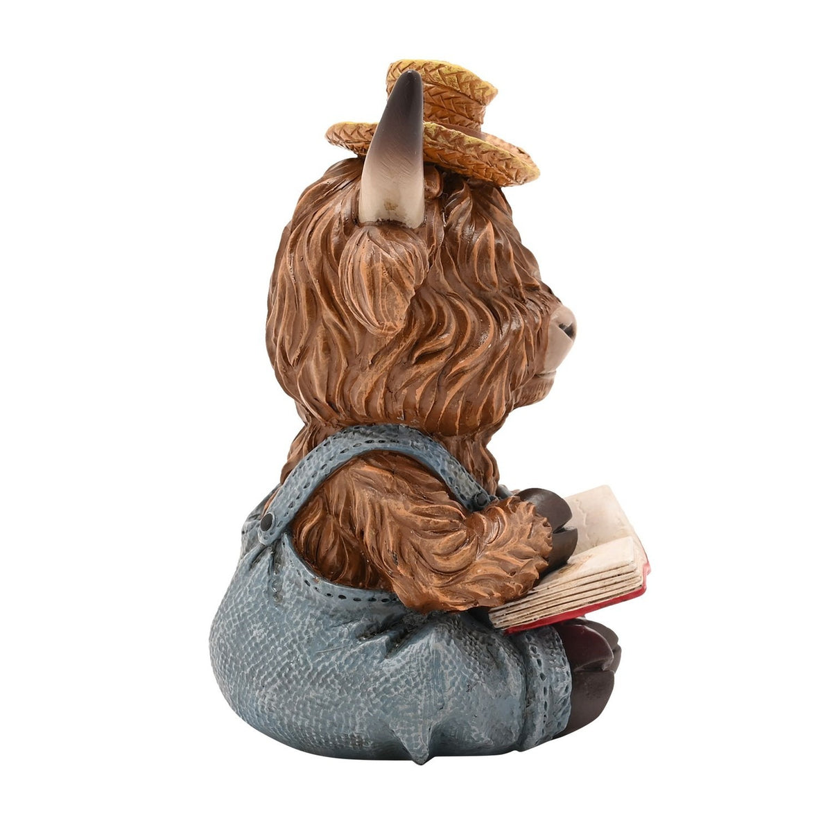 Sitting Highland Cow Reading Resin Figurine - Brown & Blue
