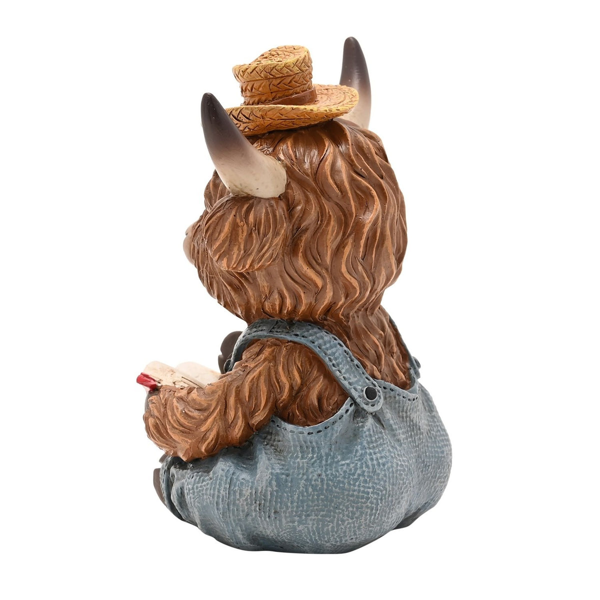 Sitting Highland Cow Reading Resin Figurine - Brown & Blue