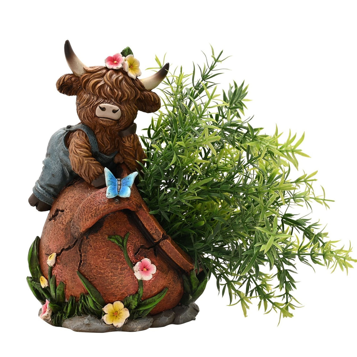 Highland Cow in Dungarees Spring Polystone Planter - Brown