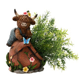 Highland Cow in Dungarees Spring Polystone Planter - Brown