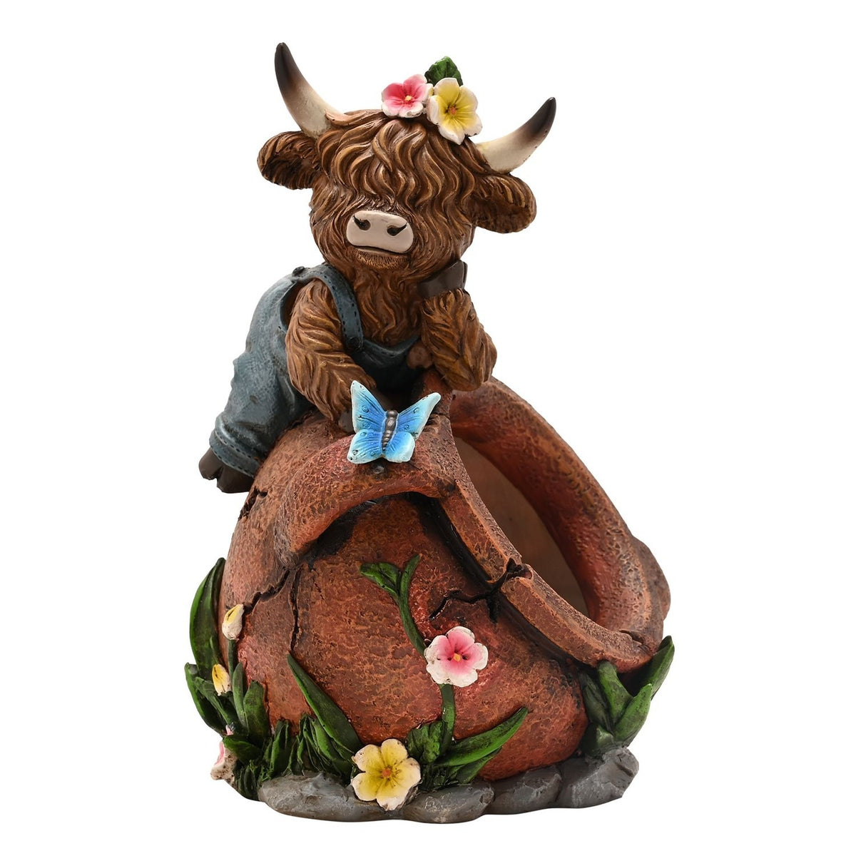 Highland Cow in Dungarees Spring Polystone Planter - Brown