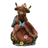 Highland Cow in Dungarees Spring Polystone Planter - Brown