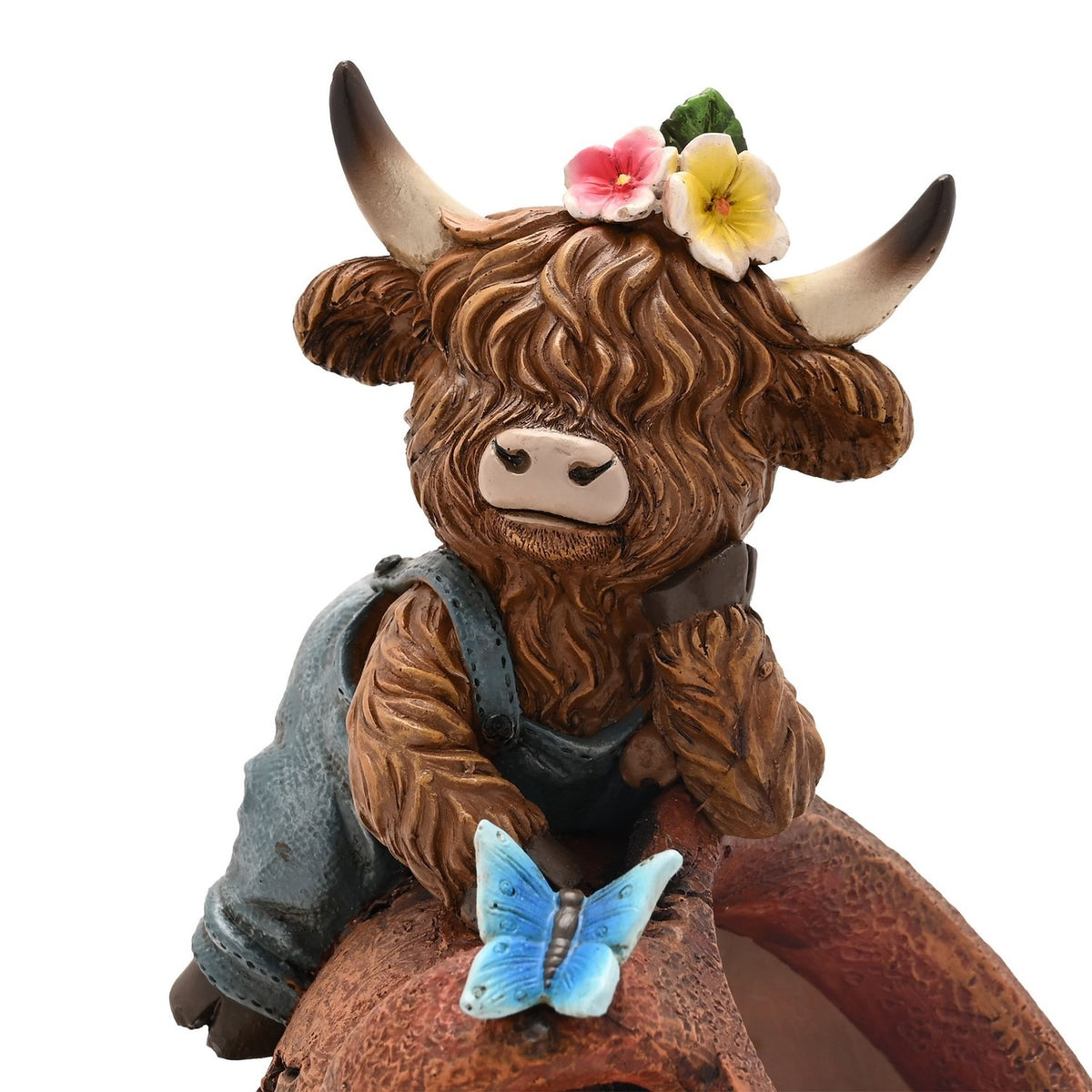 Highland Cow in Dungarees Spring Polystone Planter - Brown