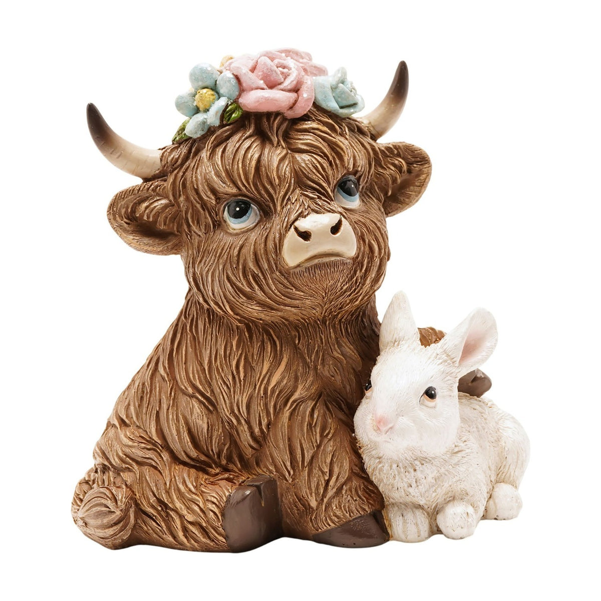 Highland Cow with Spring Bunny Resin Decoration - Brown