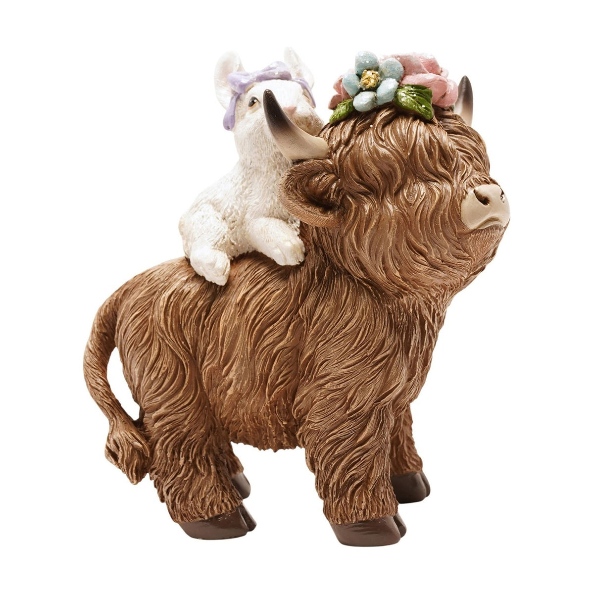 Spring Bunny Riding Highland Cow Decoration - Brown & White