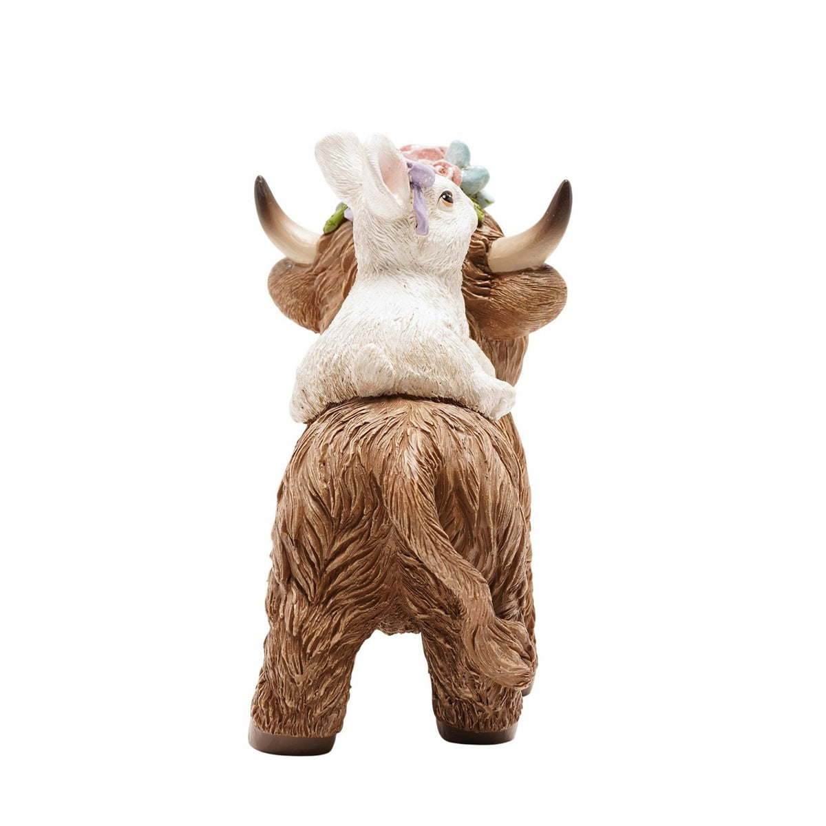 Spring Bunny Riding Highland Cow Decoration - Brown & White