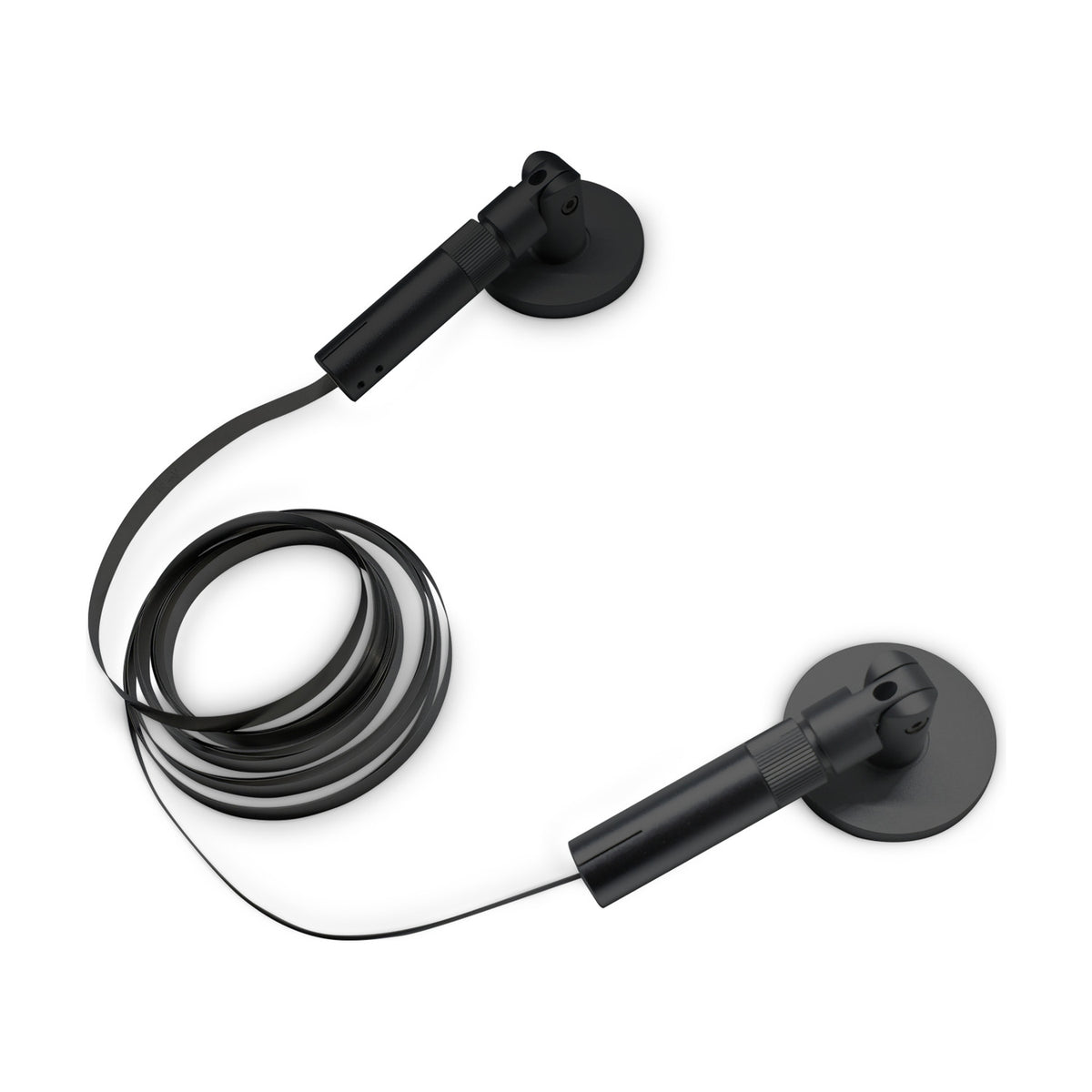 Clarionis 8mm LED strip holder in black, showing the flat tensioning band coiled between two round wall-mount end fittings on a white background.