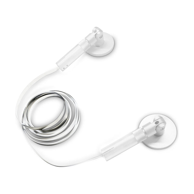 Clarionis 8mm LED Strip Holder in white, showing the flat tensioned band coiled between two round wall plates with tensioners, on a plain white background.