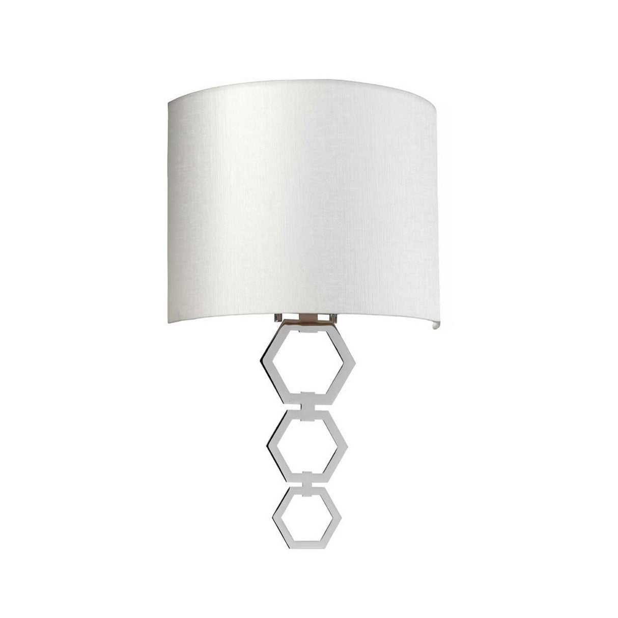 The Clark Medium Wall Light in polished chrome is a contemporary décor gem, featuring a faux silk shade and a geometric metal base with three connected hexagonal shapes for a sleek touch.