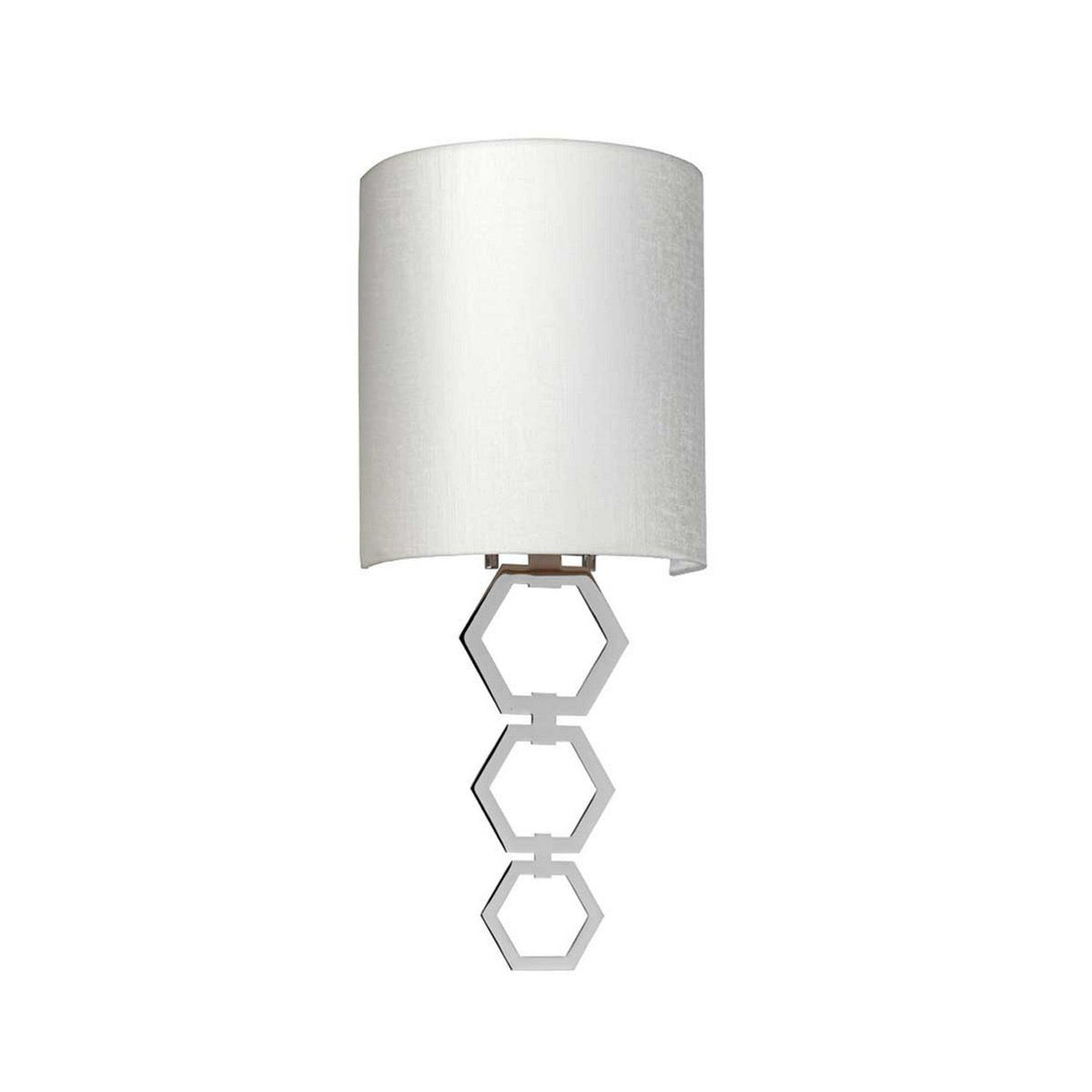 The Clark Small Wall Light features a contemporary design with a faux silk shade and a polished chrome base adorned with three interconnected hexagon shapes.