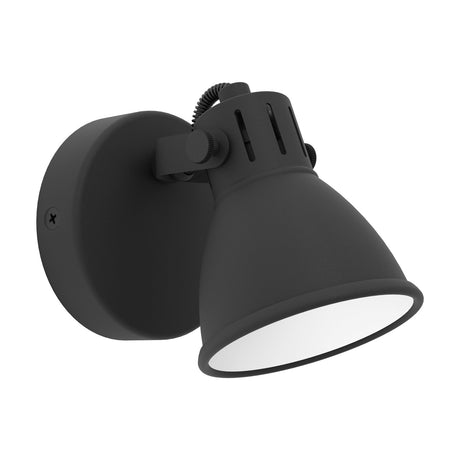 Clasanne single-head wall spotlight in black steel with a round wall plate and bell-shaped shade on an adjustable bracket with knurled knobs, shown on a plain white background.