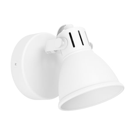 Clasanne Wall Spotlight in white steel, featuring a round wall plate and adjustable bell-shaped shade for a GU10 bulb, shown on a plain white background.