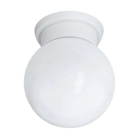 Clasmora Ceiling Light in white, featuring a round stepped plastic base and a glossy white glass globe shade, shown on a plain white background.