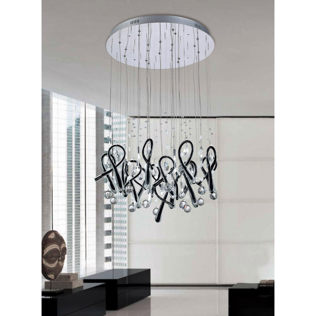 Class 20 Light Round Glass & Crystal Cluster Pendant Light - Chrome & Black