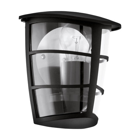 Clasvarne outdoor wall light in black cast aluminium with a sloped canopy, clear plastic panels, horizontal bars, and a single E27 bulb, shown on a plain white background.