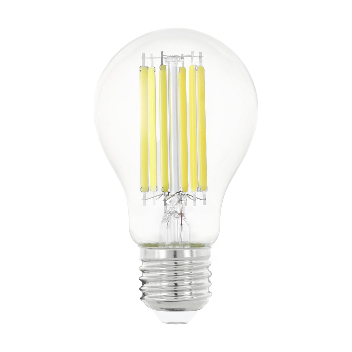 Clear dimmable LED bulb in pear shape with visible vertical filaments, E27 screw cap, on a plain white background.