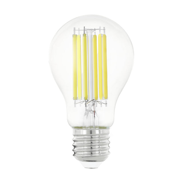 Clear dimmable LED bulb in pear shape with visible vertical filaments, E27 screw cap, on a plain white background.