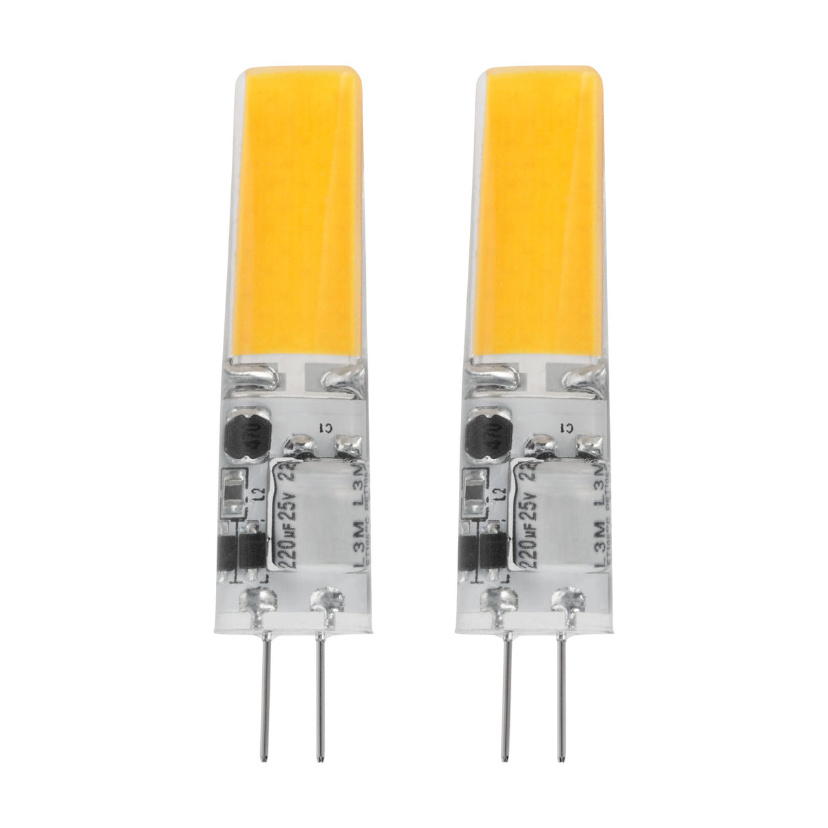 Pack of two clear G4 capsule LED bulbs with visible internal strips, two-pin fitting, 3W dimmable warm white light, shown on a plain white background.