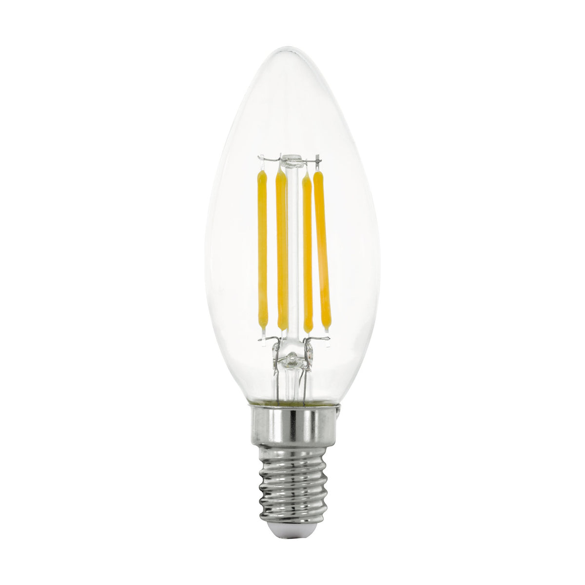 Clear dimmable LED candle bulb (C35, E14 screw cap) with four visible vertical filaments, tapered glass shape, 7W, 2700K warm white, shown on a plain white background.