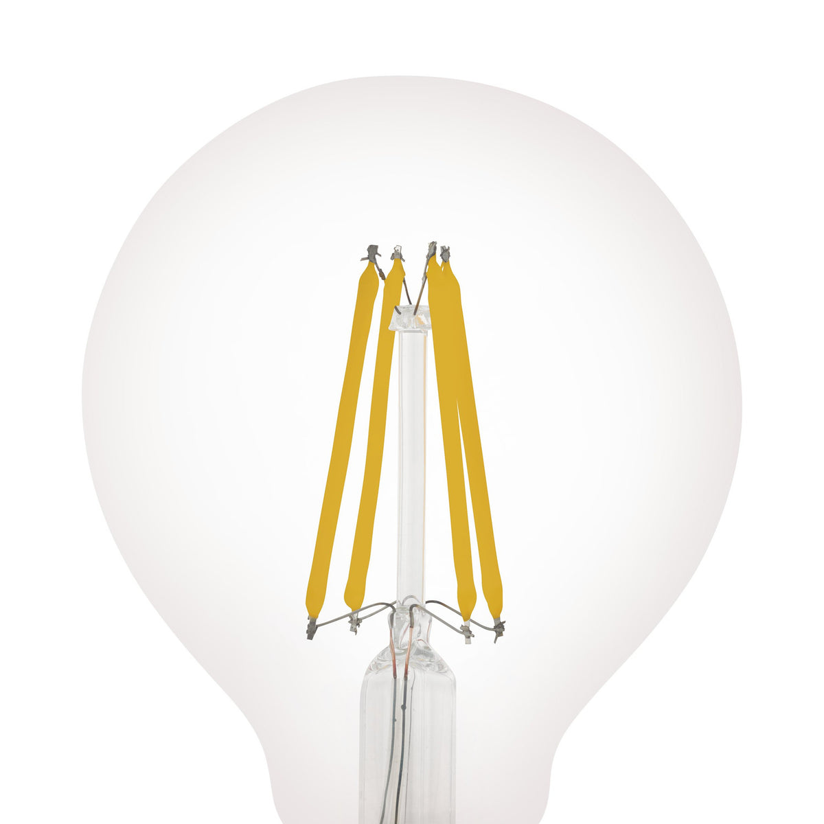 Clear dimmable LED globe bulb, E27 fitting, with visible yellow filament strips around a central glass stem, shown close-up on a plain white background.