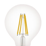 Clear dimmable LED globe bulb, E27 fitting, with visible yellow filament strips around a central glass stem, shown close-up on a plain white background.