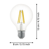 Clear glass LED globe bulb with E27 screw cap, visible warm white filaments, shown with dimensions 12cm height and 8cm diameter on a white background.