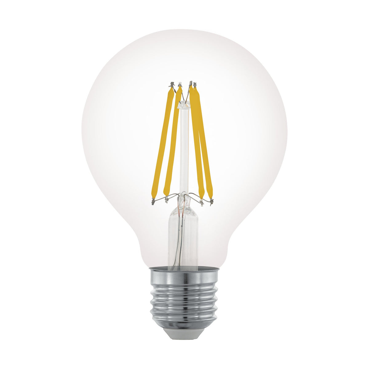 Clear glass LED globe bulb, G80 shape, with visible yellow filament strips and E27 chrome screw cap, shown on a plain white background.