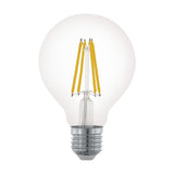 Clear glass LED globe bulb, G80 shape, with visible yellow filament strips and E27 chrome screw cap, shown on a plain white background.