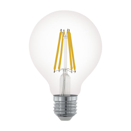 Clear glass LED globe bulb, G80 shape, with visible yellow filament strips and E27 chrome screw cap, shown on a plain white background.