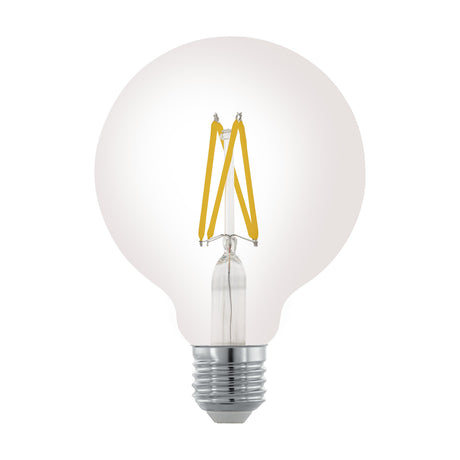 Clear glass G95 globe LED bulb with visible warm white filaments and E27 chrome screw cap, shown on a plain white background.