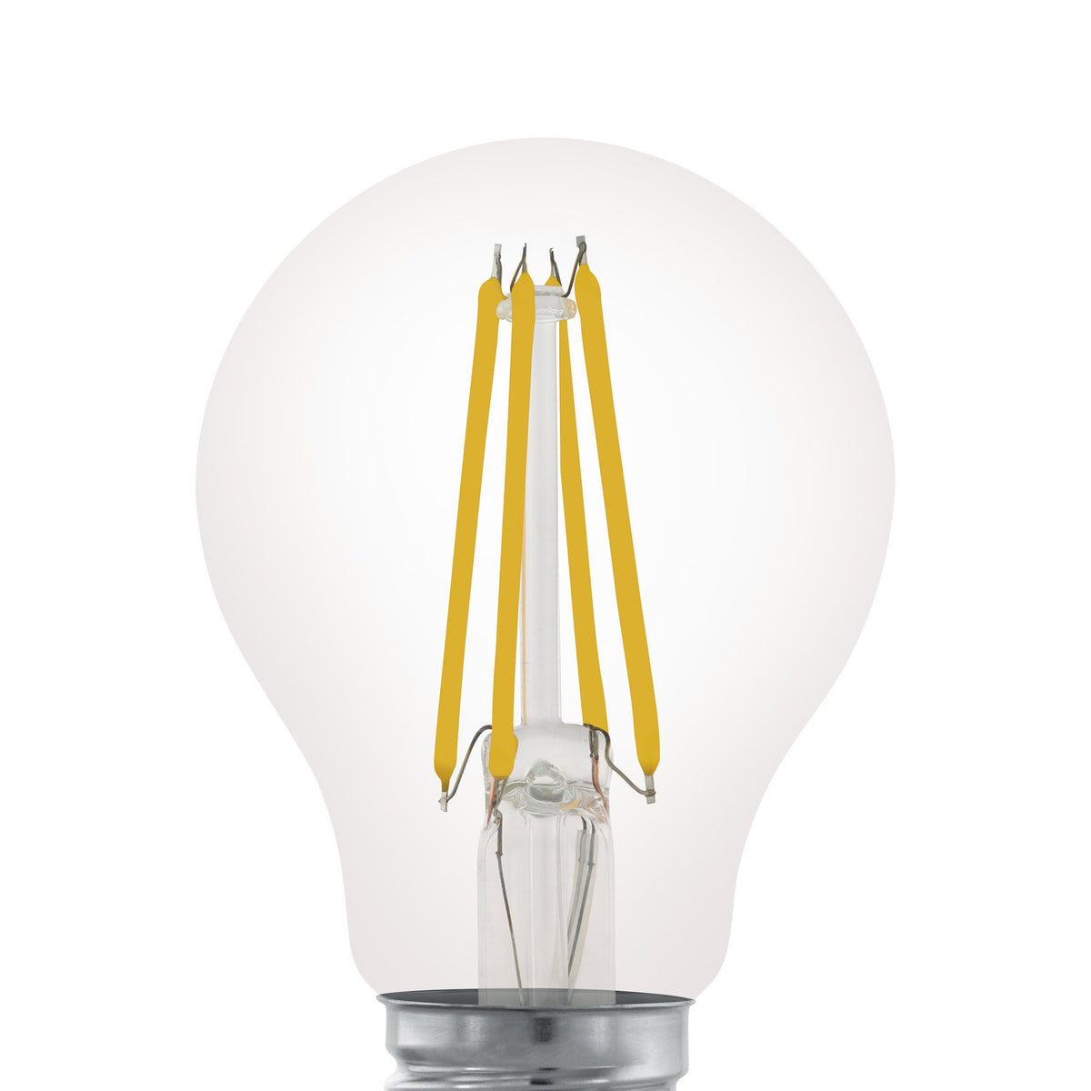 Clear LED GLS bulb with E27 screw cap, rounded pear-shaped glass shell showing four visible filaments, 7.5W dimmable, 806lm warm white, shown against a plain white background.