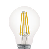Clear LED GLS bulb with E27 screw cap, rounded pear-shaped glass shell showing four visible filaments, 7.5W dimmable, 806lm warm white, shown against a plain white background.