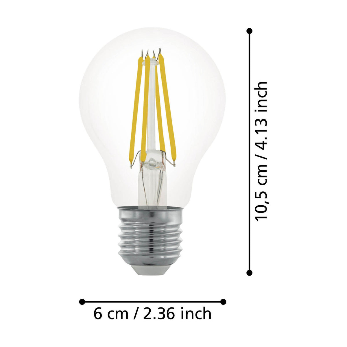 Clear LED GLS bulb with E27 screw cap and four visible filaments, shown with dimensions 10.5cm height and 6cm diameter on a white background.