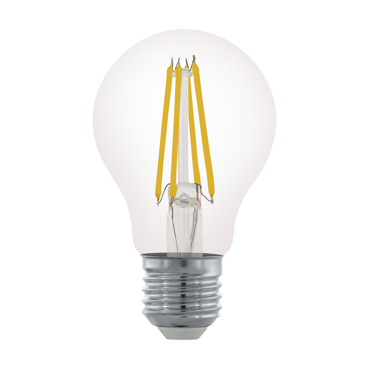 Clear dimmable LED GLS bulb, E27 screw cap, pear-shaped glass shell with four visible warm white filaments, shown on a plain white background.