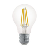 Clear dimmable LED GLS bulb, E27 screw cap, pear-shaped glass shell with four visible warm white filaments, shown on a plain white background.