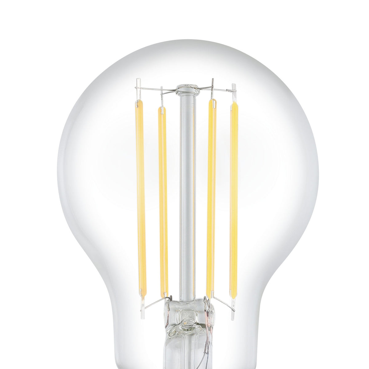 Clear glass GLS LED filament bulb with E27 screw cap, showing four straight warm white filaments around a central stem, 9W 1055lm dimmable, on a plain white background.
