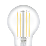 Clear glass GLS LED filament bulb with E27 screw cap, showing four straight warm white filaments around a central stem, 9W 1055lm dimmable, on a plain white background.