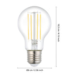 Clear glass LED GLS filament bulb with E27 screw cap, showing four vertical filaments, with dimension labels of 10.5cm height and 6cm diameter on a white background.