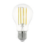 Clear dimmable LED GLS bulb with E27 screw cap and four vertical filaments visible through the glass, shown on a plain white background.