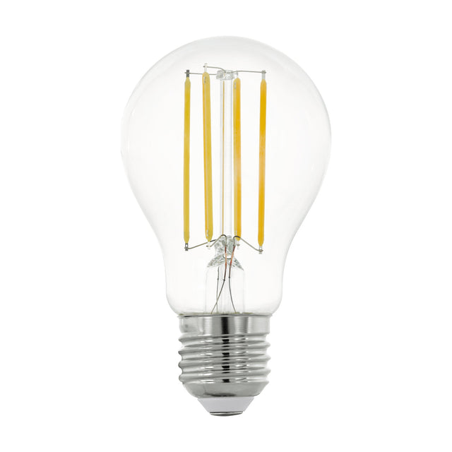 Clear dimmable LED GLS bulb with E27 screw cap and four vertical filaments visible through the glass, shown on a plain white background.
