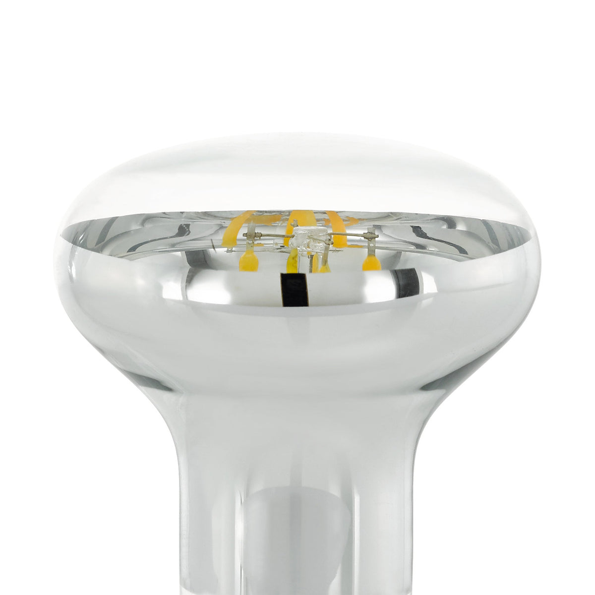 Close-up of a clear glass E14 R50 LED reflector bulb with silvered dome and visible filaments, shown on a plain white background.