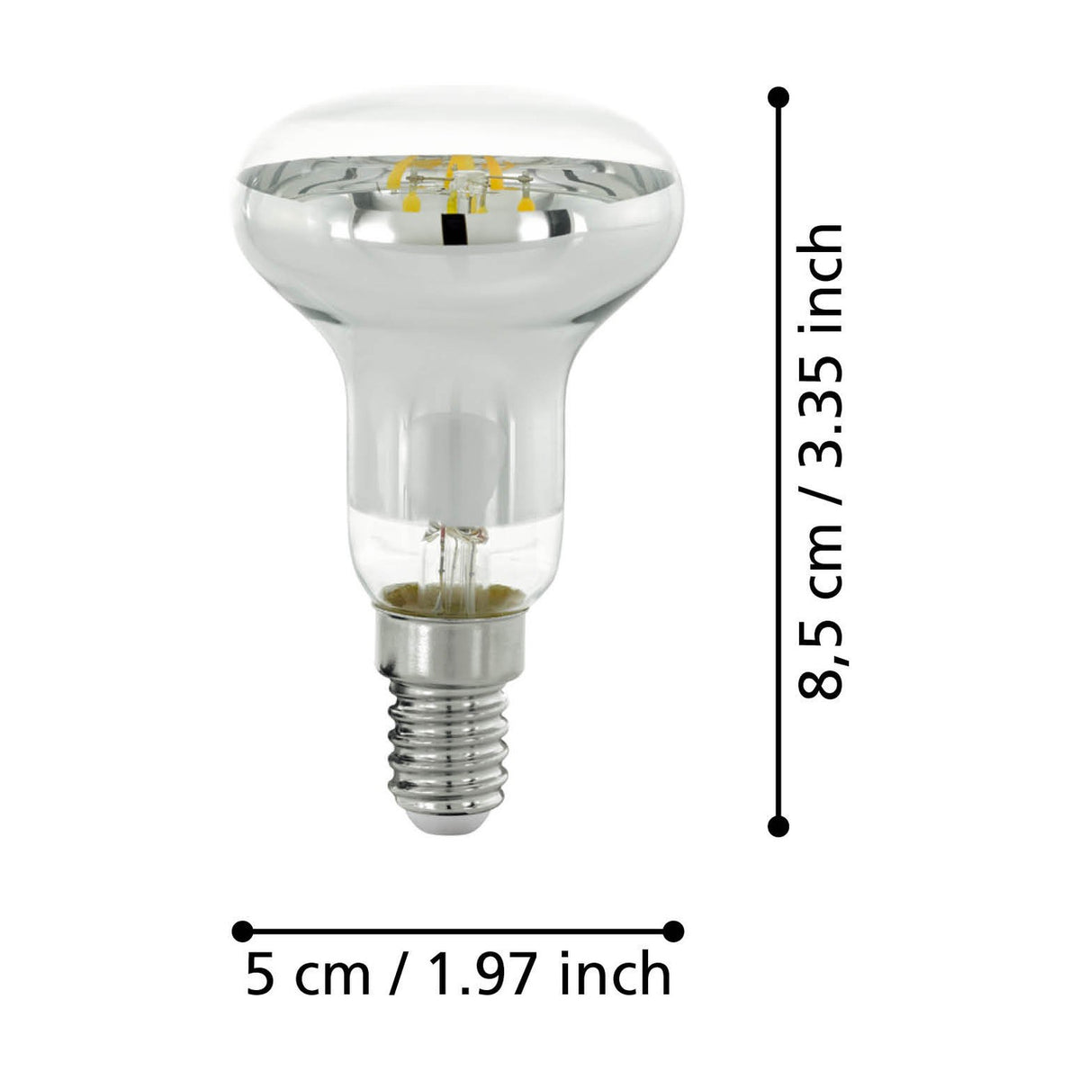 Clear glass LED reflector bulb, R50 mushroom shape with silvered dome and E14 screw cap, visible filaments, shown with size dimensions 8.5cm x 5cm on a white background.