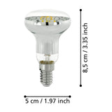 Clear glass LED reflector bulb, R50 mushroom shape with silvered dome and E14 screw cap, visible filaments, shown with size dimensions 8.5cm x 5cm on a white background.