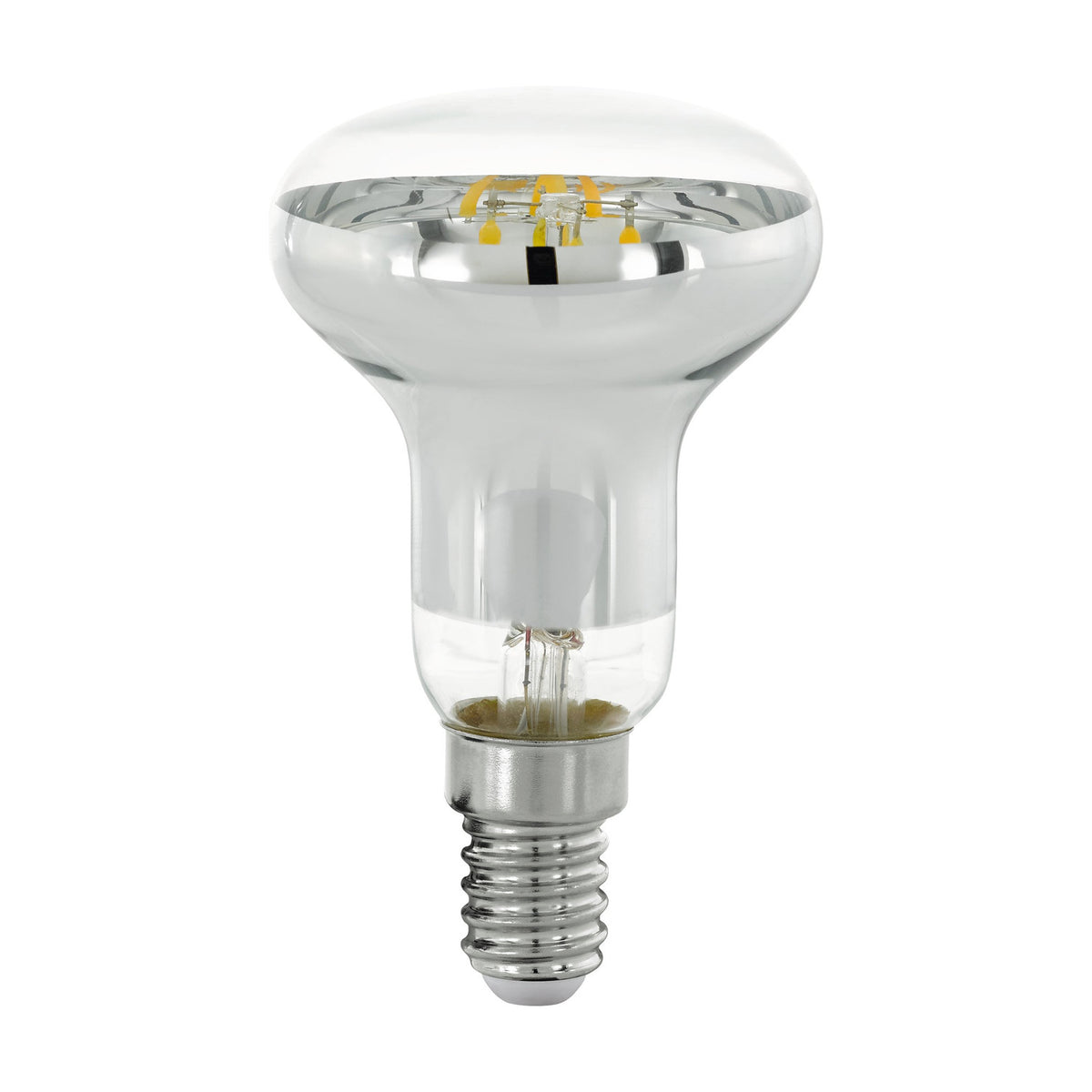 Clear glass LED reflector bulb, R50 mushroom shape with silvered dome, visible filaments and E14 screw cap, dimmable, warm white, shown on a plain white background.
