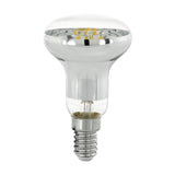 Clear glass LED reflector bulb, R50 mushroom shape with silvered dome, visible filaments and E14 screw cap, dimmable, warm white, shown on a plain white background.