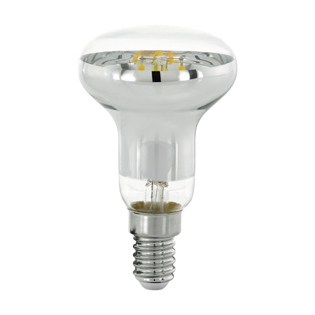 Clear glass LED reflector bulb, R50 mushroom shape with silvered dome, visible filaments and E14 screw cap, dimmable, warm white, shown on a plain white background.