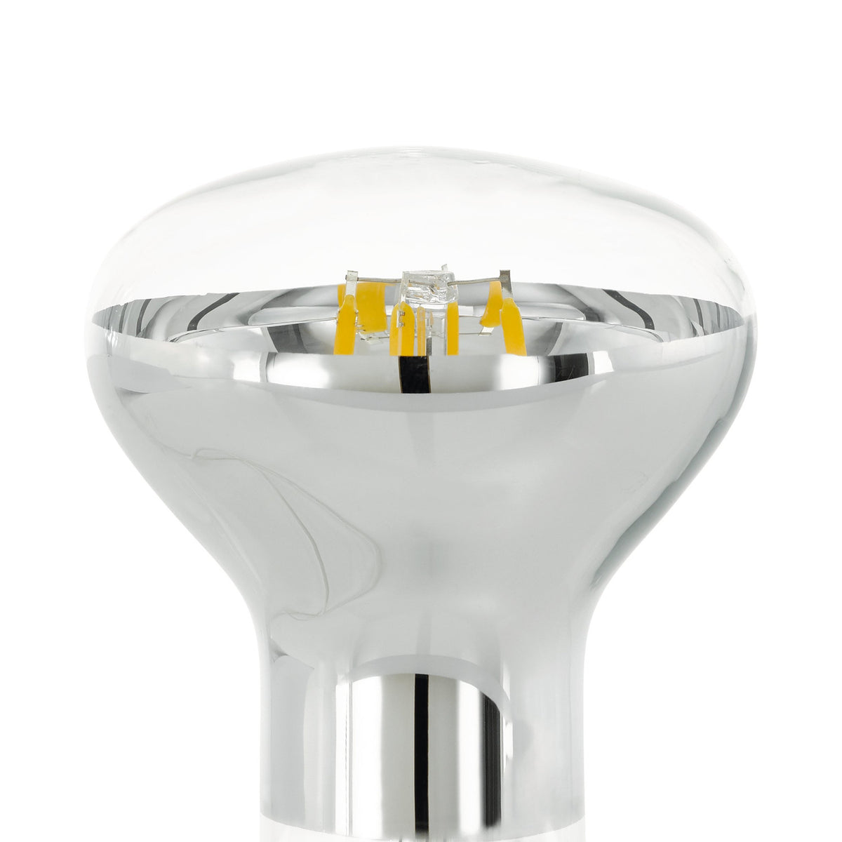 Close-up of a Clear Dimmable LED Reflector Bulb E27 R63, with mirrored silver body, clear glass dome revealing visible filament LEDs, on a plain white background.