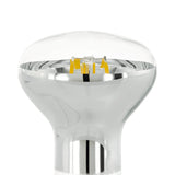 Close-up of a Clear Dimmable LED Reflector Bulb E27 R63, with mirrored silver body, clear glass dome revealing visible filament LEDs, on a plain white background.