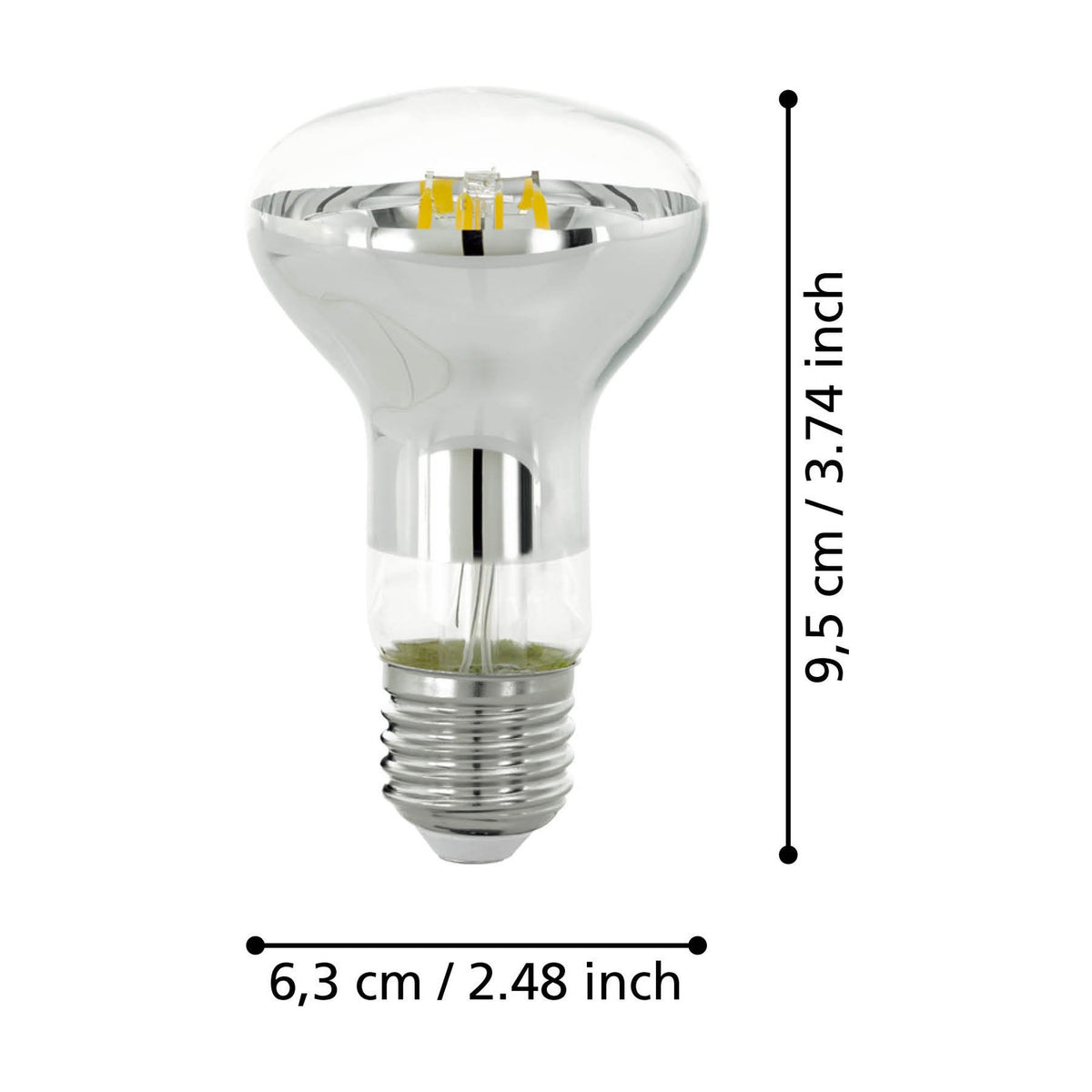 Clear dimmable LED reflector bulb E27 R63 with mirrored silver dome and visible filament LEDs, shown with labelled dimensions of 9.5cm height and 6.3cm diameter on a white background.